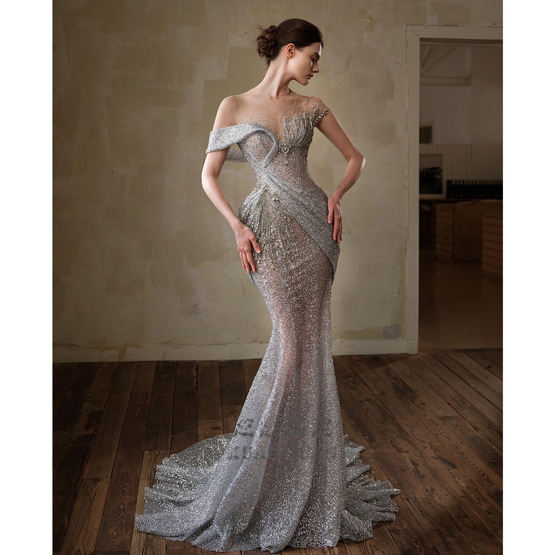 High-End Evening Dress 2026 New French Style Off-Shoulder Light Luxury Niche Sequin Host Performance Dress for Women
