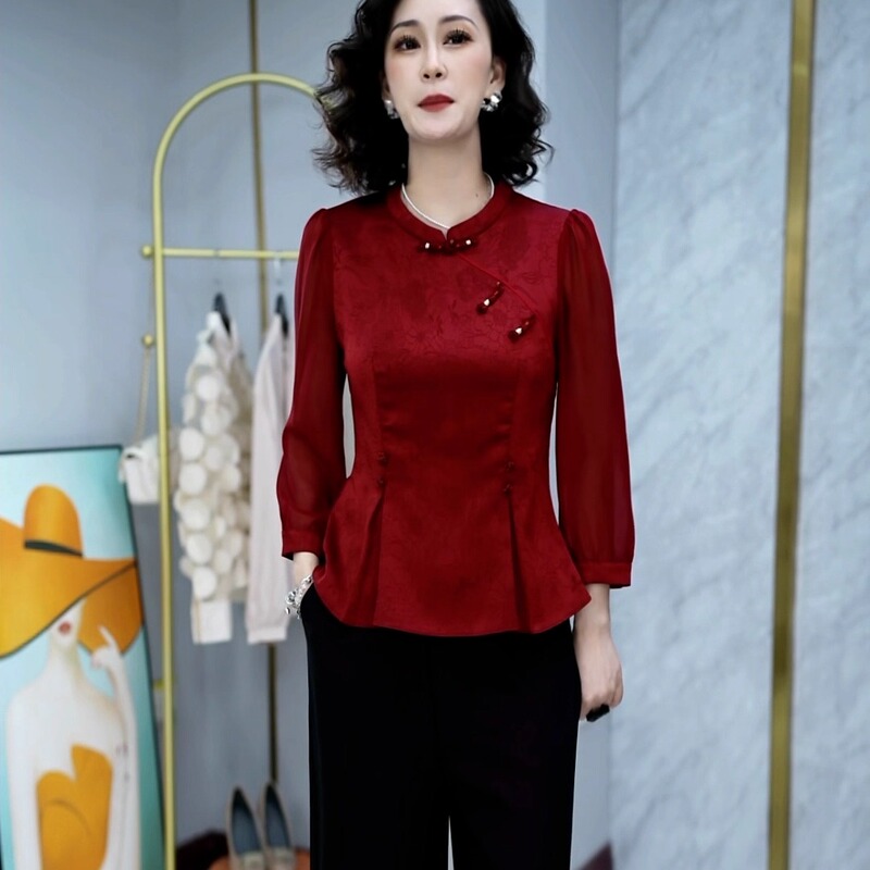 Red New Chinese-Style Fashion Suit for Women 2026 Autumn New Mother's Wear Elegant and Noble Two-Piece Pants Set Red New Chinese-Style Fashion Suit for Women 2026 Autumn New Mother's Wear Elegant and Noble Two-Piece Pants Set
