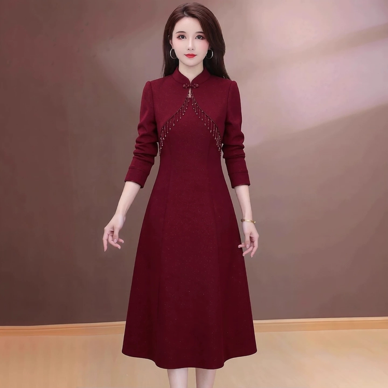Red National Style Elegant Dress for Women, 2026 Winter New Model, Mom-Style Dress That Covers the Belly, Slim-Fit, Flattering Mid-Length Dress Red National Style Elegant Dress for Women, 2026 Winter New Model, Mom-Style Dress That Covers the Belly, Slim-Fit, Flattering Mid-Length Dress