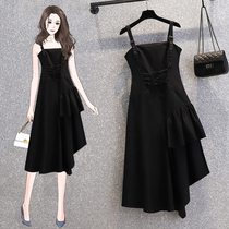 Foreign trade mall cut the label and withdraw the cabinet dark wind large size irregular sling dress French medium long female summer fat mm