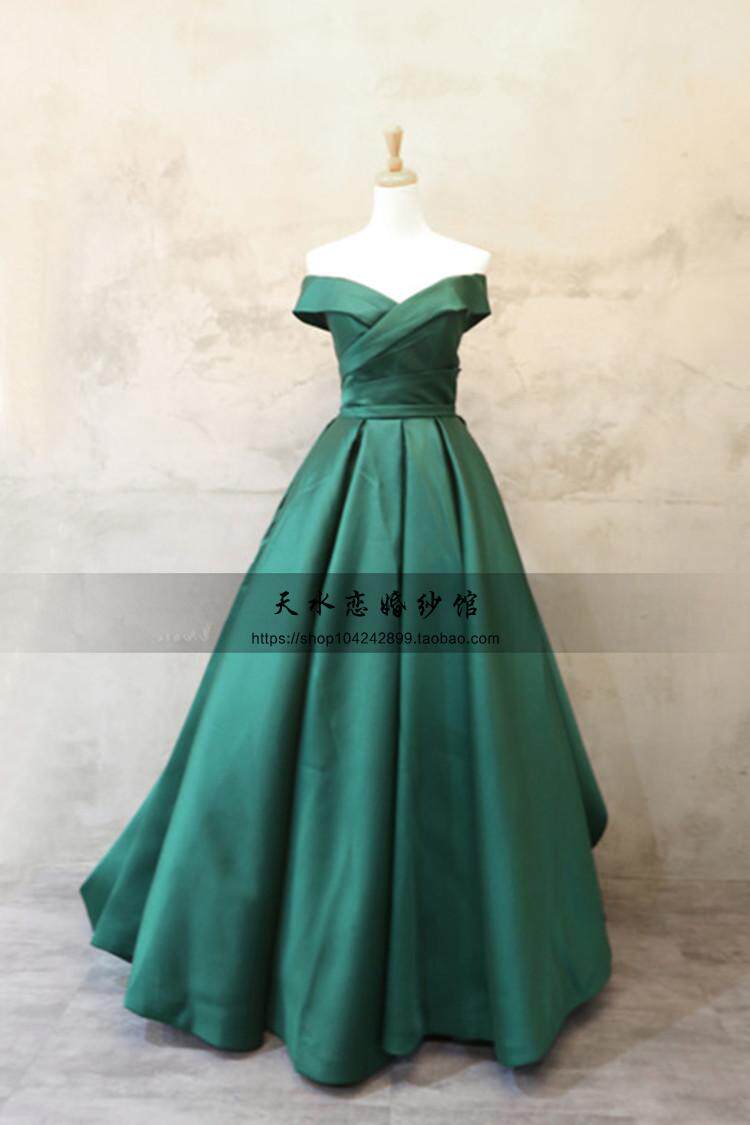 Wedding dress dark green word shoulder dragging tail satin dress annual meeting bridal toast dress simple welcome dress woman