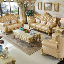 European - style leather sofa 123 combination living room solid wooden carving luxury villa headfloor bull - skin noble gold couch