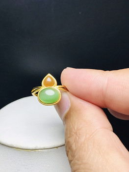 Hetian jade jasper + sugar jade two-color 925 silver gold inlaid gourd ring with buckle 15 11mm