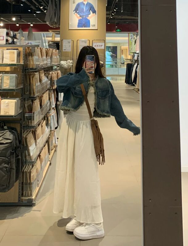 Autumn Outfit Set for Petite Women with a High-End Feel: Denim Jacket and Tube Top Dress Two-Piece Set for Women