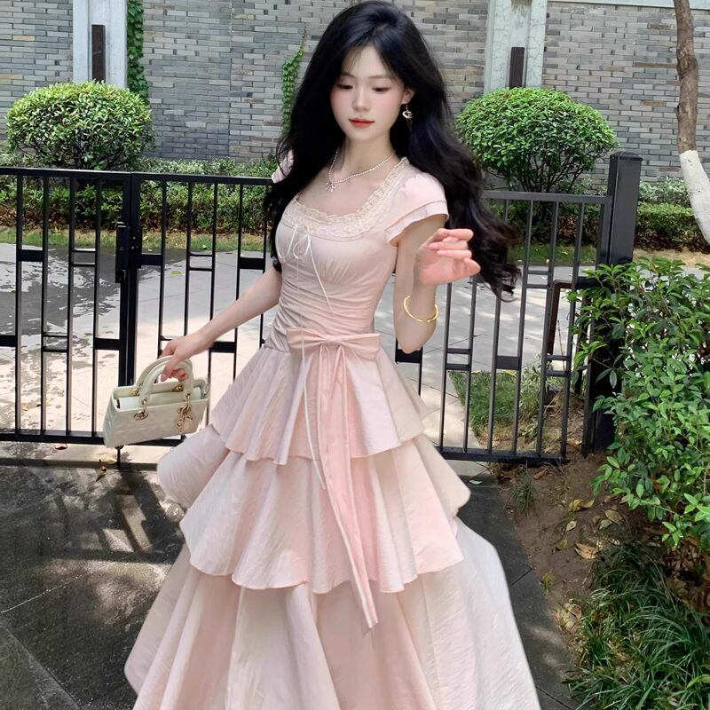 French-Style Sweet Irregular Pink Dress for Women, Summer Petite High-End Elegant Waist-Cinching Tiered Long Dress