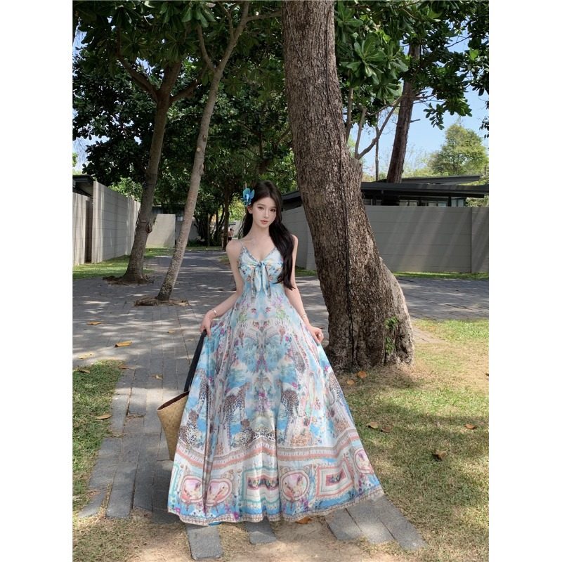 Bohemian Style V-Neck Floral Suspender Dress for Women, Summer Seaside Vacation, Stunning Beach Long Dress