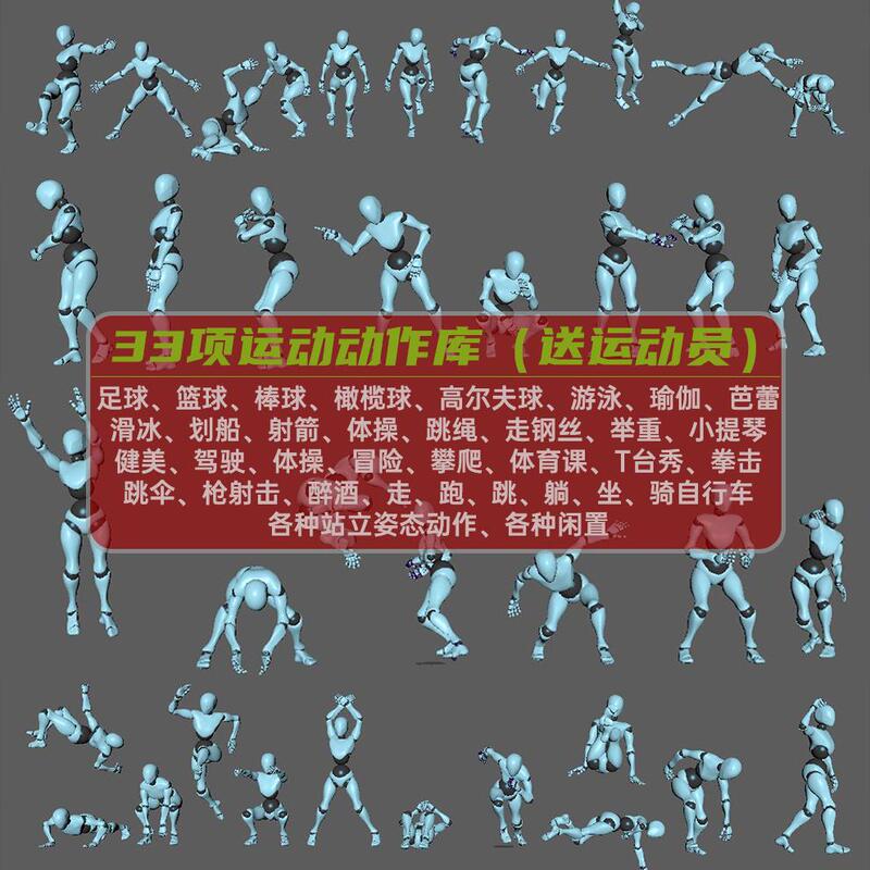 33 Sports Movement Libraries in Fbx, Max Format for Basketball, Baseball, Football, Cycling, Swimming, Yoga, and Catwalk