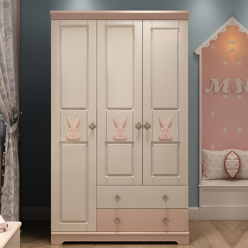 Nordic children's wardrobe simple and modern home bedroom sliding door wardrobe simple girl pink rabbit wardrobe