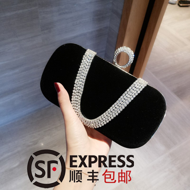 2024 New Shiny Rhinestone Ring Clutch Evening Bag Women's Banquet Socialite Dress Single Shoulder Crossbody Chain Bag