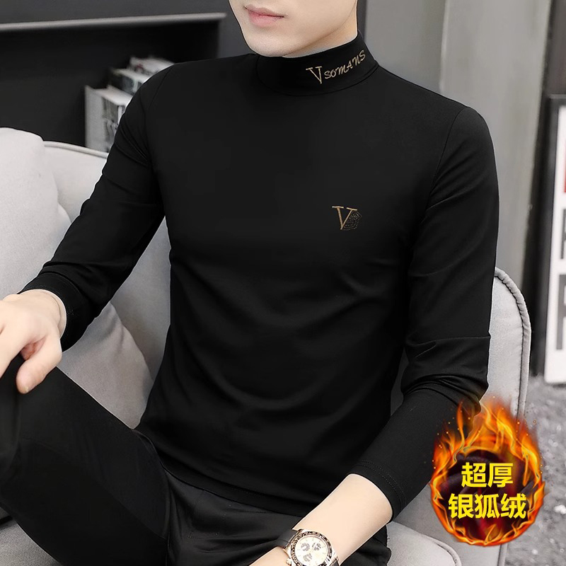 Jeep Fleece-Lined Thickened Half-Turtleneck Base Layer Men's Autumn and Winter New Double-Sided Thermal Men's Long-Sleeve T-Shirt