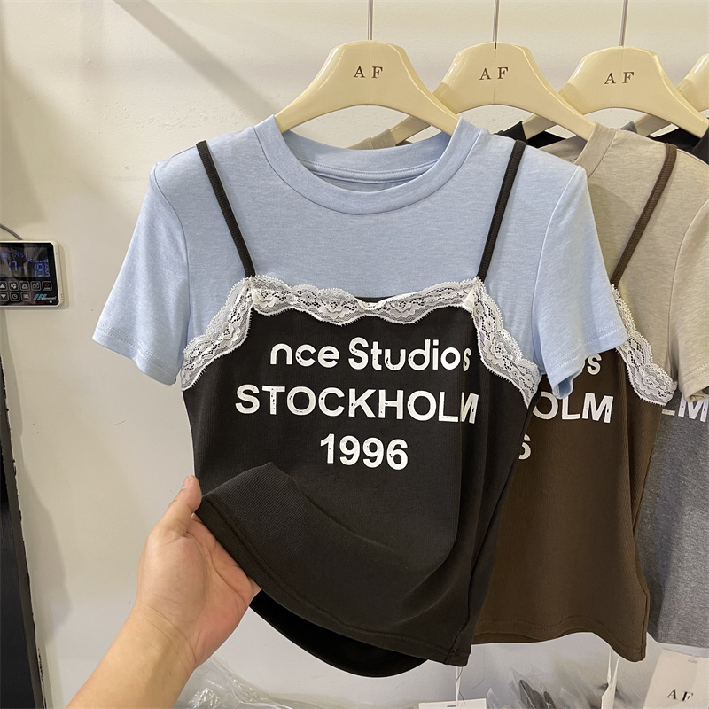 2026 Summer New Fashion Design Round Neck Patchwork Lace Letter Fake Two-Piece Versatile Short-Sleeved T-Shirt