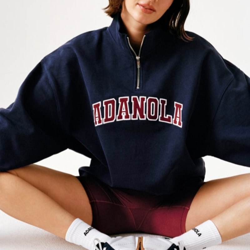 Kendall Jenner Style Foreign Trade Fitness Sports Navy Blue Half-Zip Stand Collar Letter Embroidery Loose Sweatshirt Versatile Top