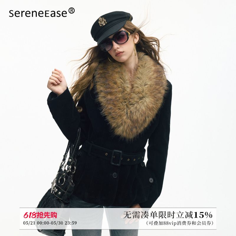Sereneease Lazy Atmosphere Large Fur Collar Vintage Belt Suede Warm Slim Fit Jacket Sereneease Lazy Atmosphere Large Fur Collar Vintage Belt Suede Warm Slim Fit Jacket