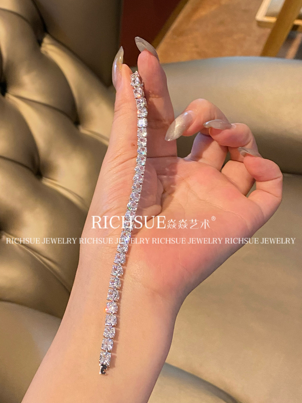 Richsue Artificial Lab-Grown Diamond Full Diamond Tennis Bracelet S925 Silver Thick Gold-Plated