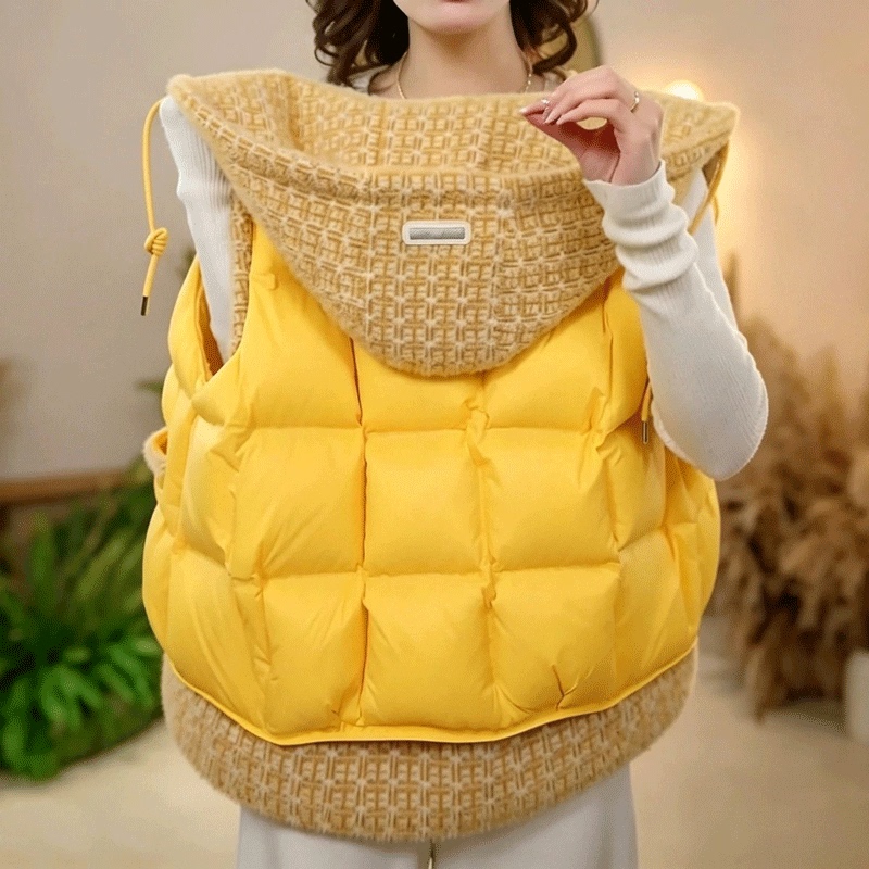 Hooded Patchwork New Style Vest for Women 2026 Winter Stylish Zipper Loose Layered Versatile Sleeveless Outerwear Trendy