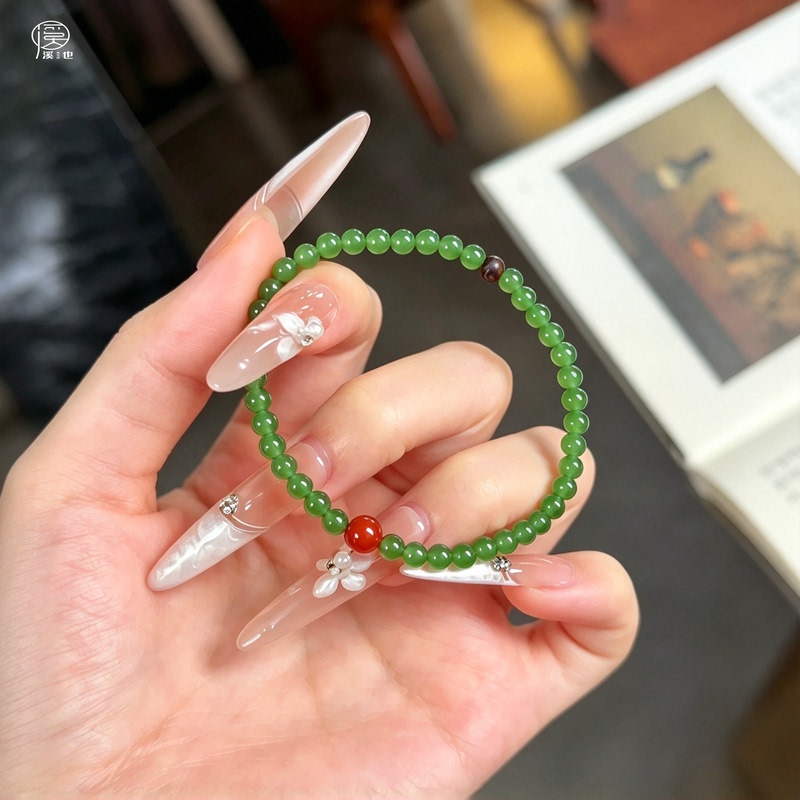 【Xie Ye】Original Natural Green Chalcedony Bracelet for Women, South Red Agarwood and Jade Bracelet, Stackable and Versatile, Gift for Best Friend