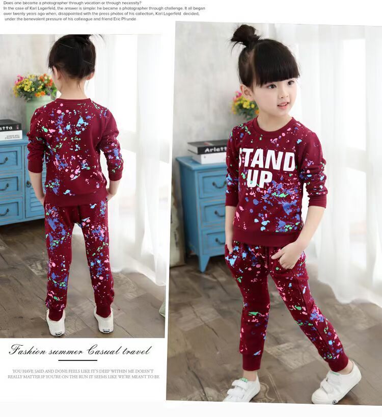 Bộ đồ bé gái 2017 mùa xuân và mùa thu phiên bản Hàn Quốc 4 bé lớn 5 tay dài 6 giản dị 7 cotton 8 bộ hai mảnh 3-13 tuổi quần bơi bé trai