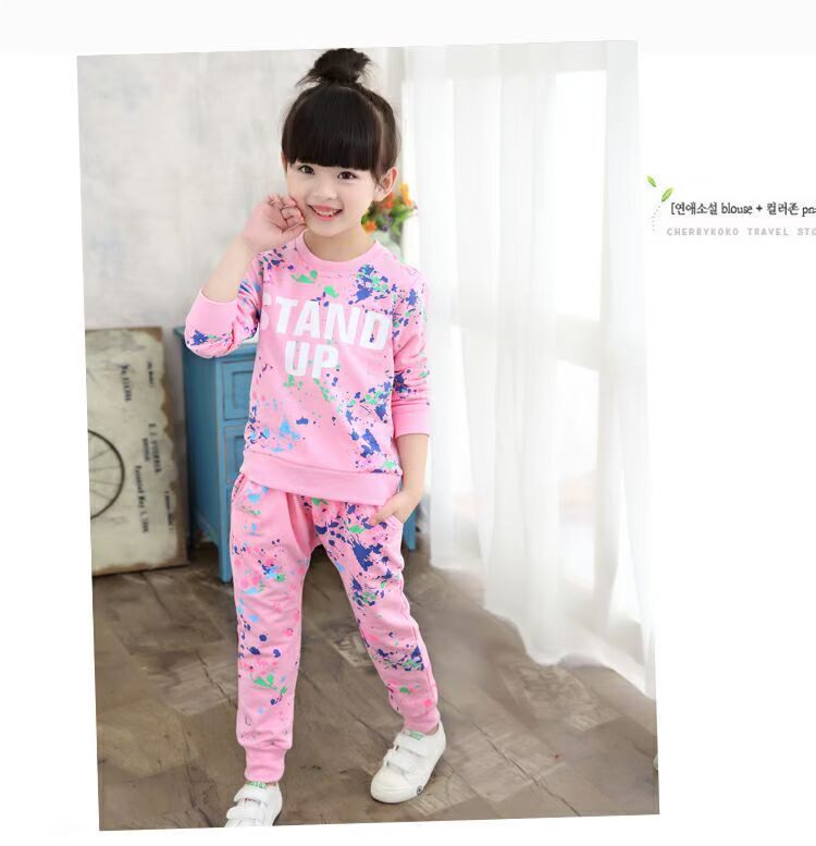 Bộ đồ bé gái 2017 mùa xuân và mùa thu phiên bản Hàn Quốc 4 bé lớn 5 tay dài 6 giản dị 7 cotton 8 bộ hai mảnh 3-13 tuổi quần bơi bé trai