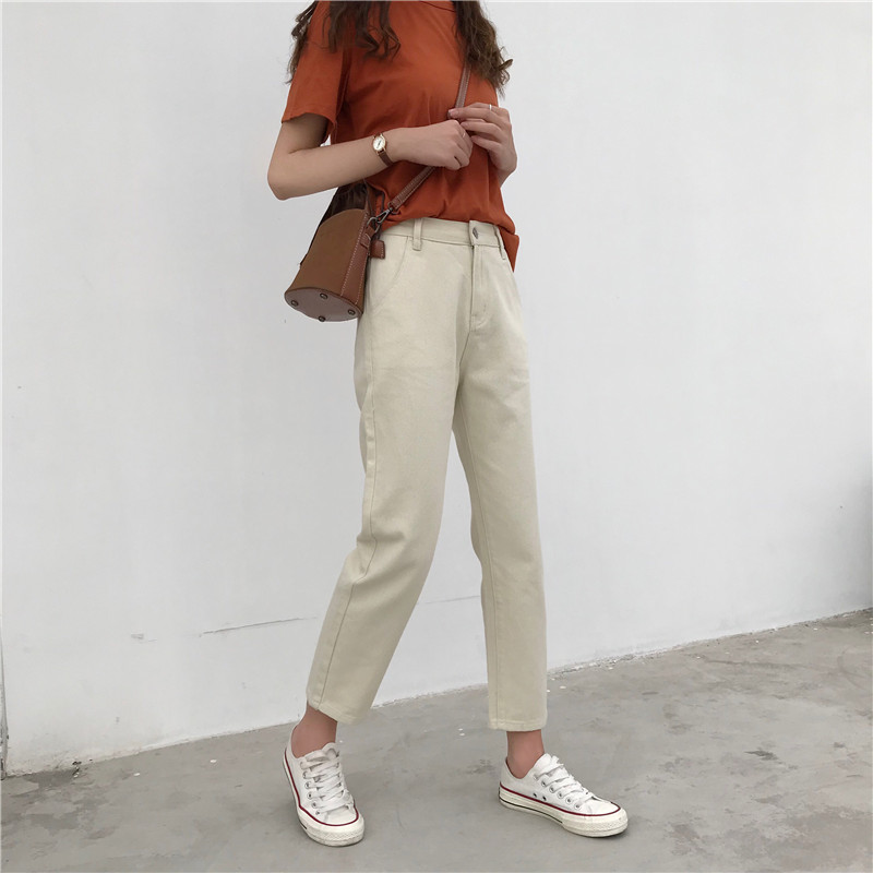 Mùa xuân của phụ nữ hương vị chic gió retro đơn giản màu rắn quần thẳng đa năng eo cao đã mỏng chín điểm quần jeans nữ quần jean áo sơ mi nữ