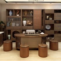 New Chinese round drum stool solid wood genuine leather round stool modern Chinese style casual short stool tea room tea bench chair combination