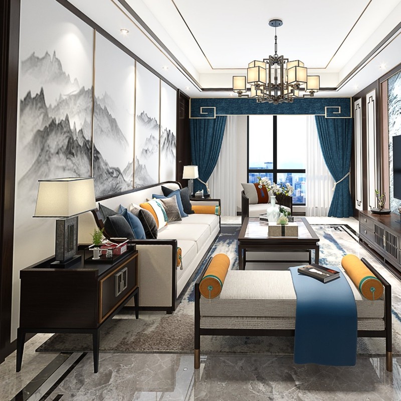 New Chinese solid wood sofa combination modern Chinese minimalist villa Dapingshu living room sofa whole house furniture