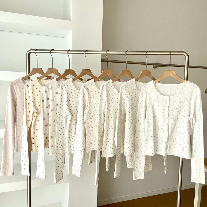 2026 Autumn New Bm Style Round Neck Pure Cotton Floral Button Cardigan Long Sleeve T-Shirt Women's Versatile Slim Fit Top