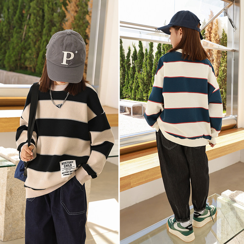 Girl's thick T-shirt 2022 Spring loaded with new Korean version CUHK Scout striped long sleeve blouses child loose undershirt