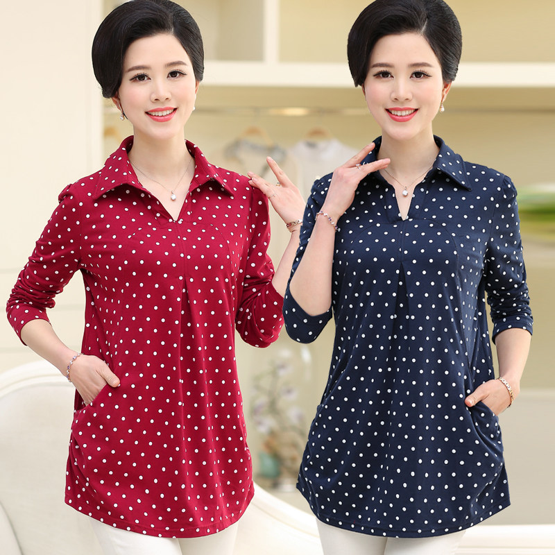 Mom base shirt Long Sleeve Cotton Shirt Large Size Loose Middle-aged Women's Shirt Autumn T-shirt