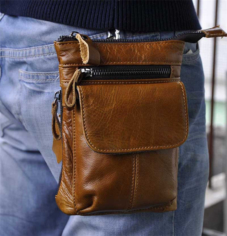 Retro oil wax leather leather mobile phone bag 7 inch first layer cowhide small bag shoulder messenger bag casual men's waist bag tide bag