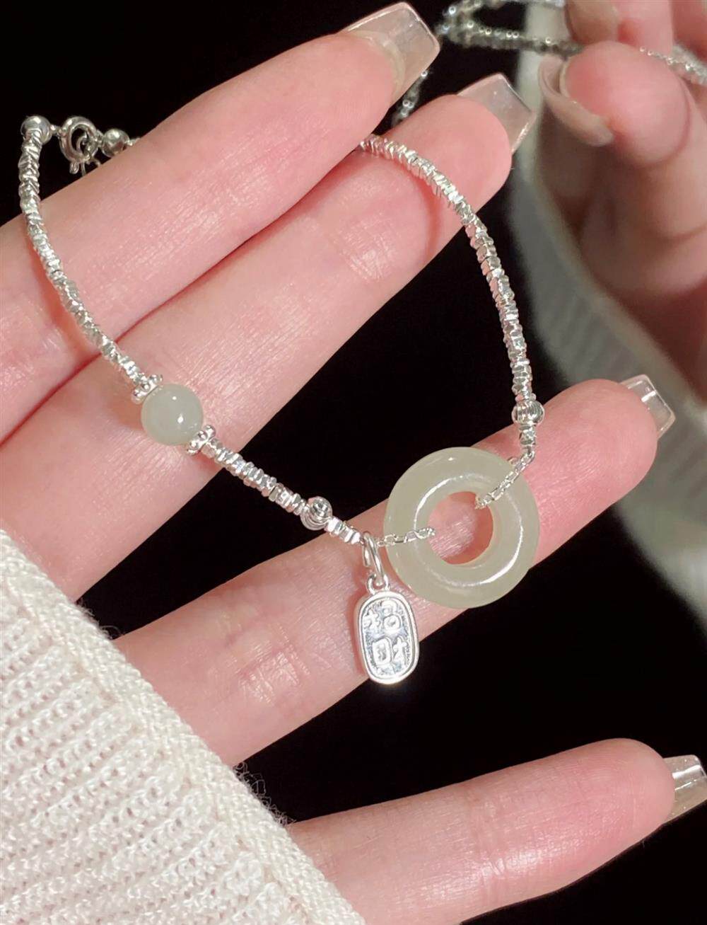Серебряное ожерелье s925纯银和田玉平安扣手錬女轻奢小众精致福牌碎银子手环闺蜜礼物 OTHER