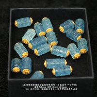 57 # серебряные инкрустированные бусины в виде бочонка с аквамариновым узором