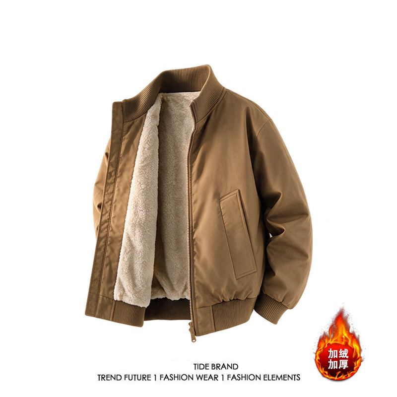Maillard Brown Stand-Collar Jacket Cotton Coat for Men, New Winter Style Cleanfit, Fleece-Lined, Thickened, Warm Cotton Outerwear