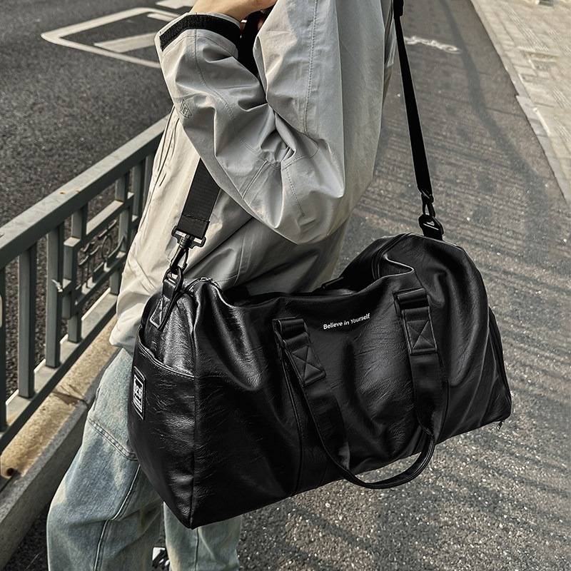 Short-Distance Travel Bag Men's Trendy Pu Leather Handbag Sports Fitness Bag Training Bag Business Trip Travel Luggage Storage Bag