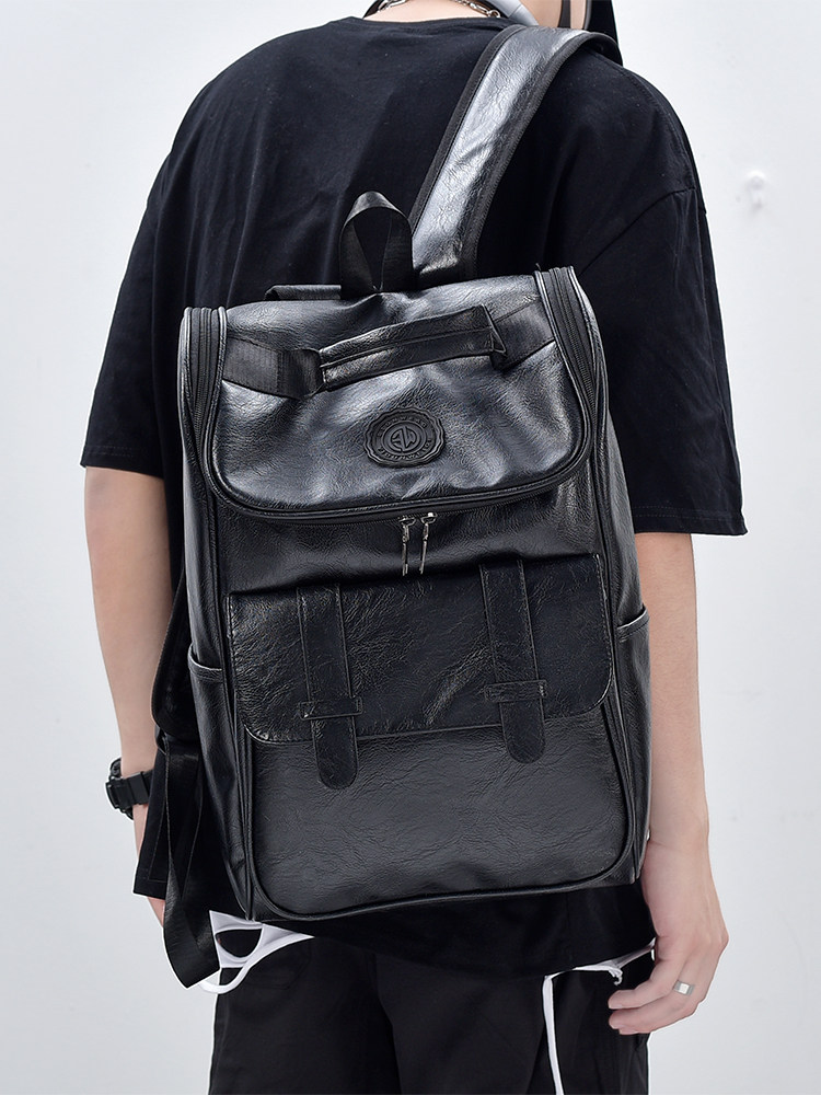 Backpack Men's Retro Casual Backpack Boys' Trendy Pu Leather Travel Bag College Student High School Student School Bag Computer Bag