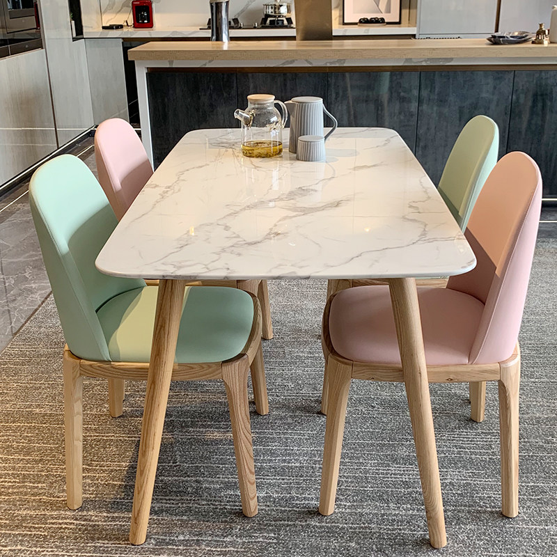Nordic Marble Dining Table And Chairs Combine Modern Minima Rock Plate Solid Wood Household Small Household Type Pink Log Wind Rice Table