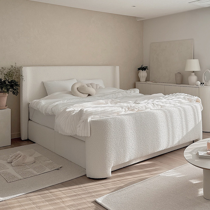 Fabric Bed, French Cream Style, Thin Headboard, High Bed, Wide Screen Storage Bed, Girls' Bedroom, Double Floor-Standing Master Bedroom Large Bed