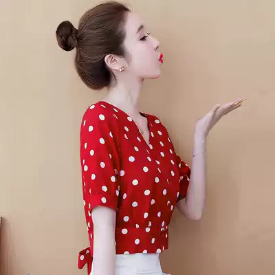 Summer 2021 New style V-neck short red waist top fashion temperament short sleeve chiffon shirt Women