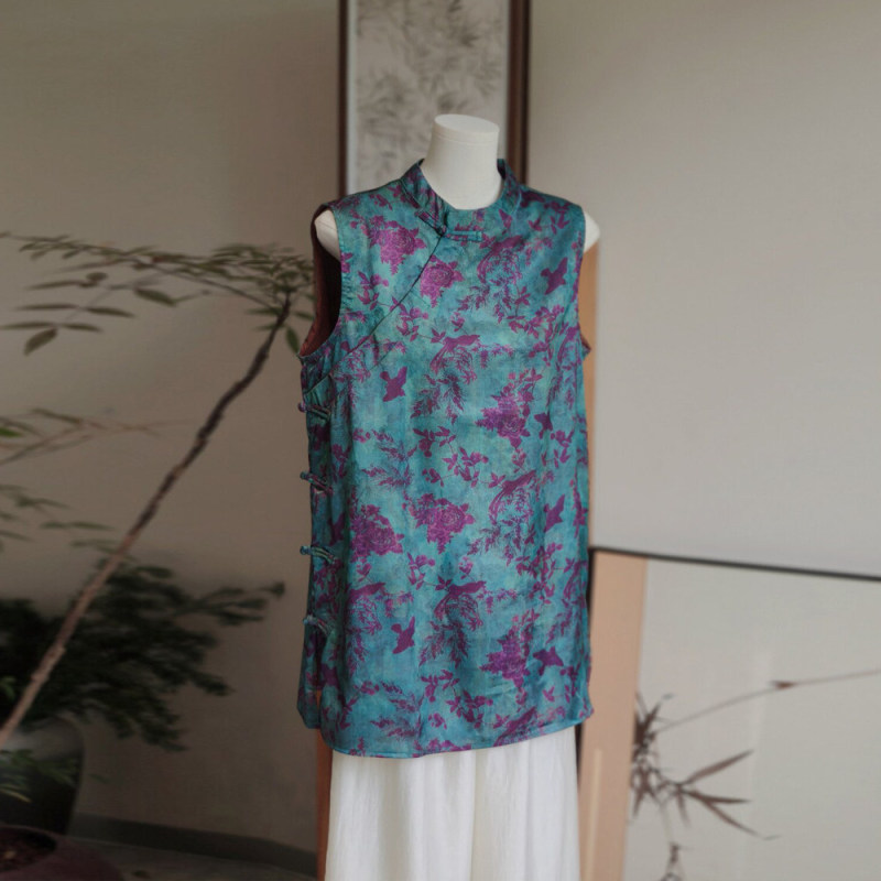 New Chinese-Style National Style Sleeveless Ao Dai Top for Women, Summer High-End Mid-Length Vest Shirt, Rayon Improved Cheongsam