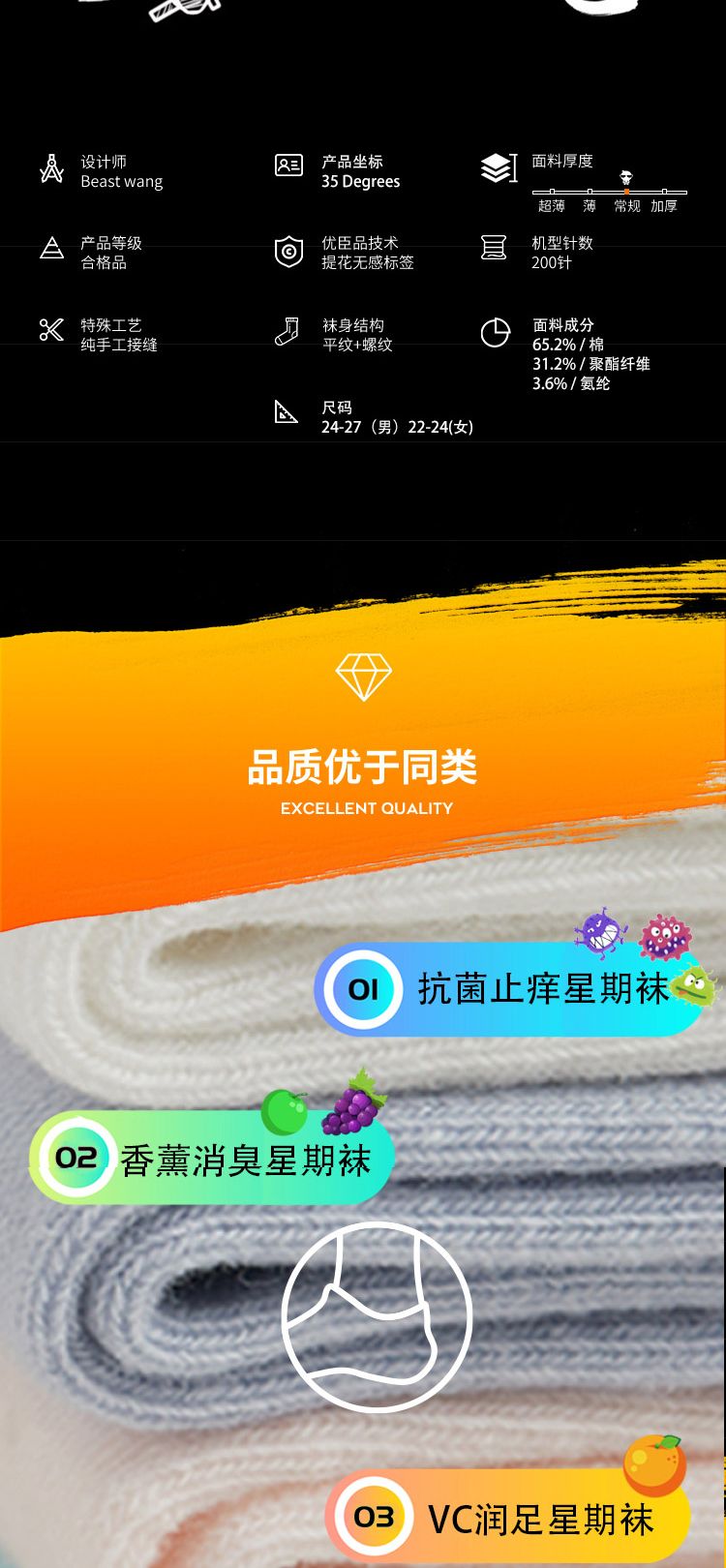 优臣品 男女 短款/中筒 抗菌防臭袜子 7双 图4