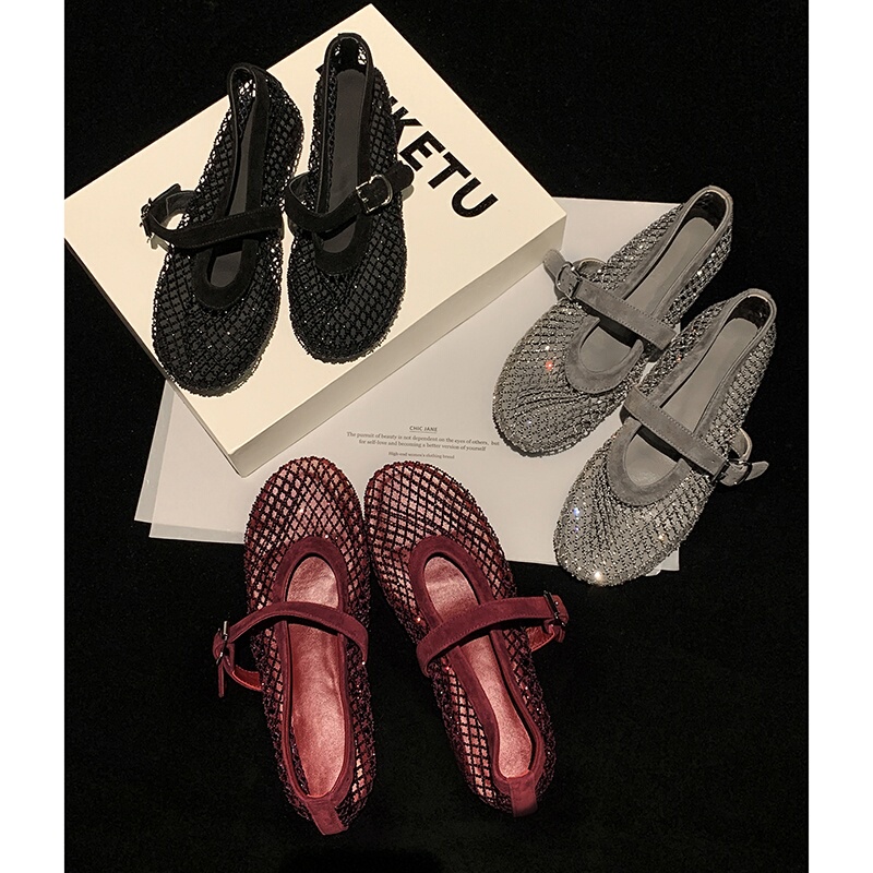Shiny~Retro Rhinestone Suede Fishnet Sandals with Cut-Out Straps, Mary Jane Shoes, Lazy Flat Ballet Shoes