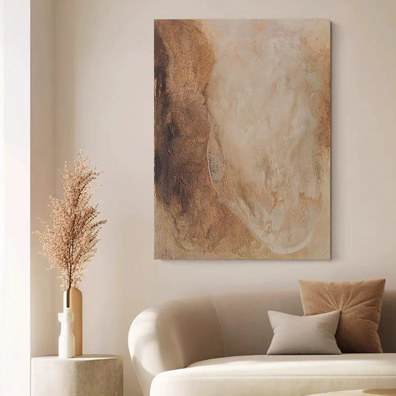 Purely Hand-Painted Oil Painting in Wabi-Sabi Style, Minimalist Living Room Art, Abstract Sofa Background Wall Hanging Painting, Natural Wood Style Entrance Wall Art