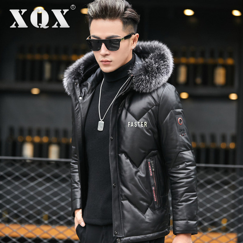 Haining leather men's leather short down jacket men's hooded new handsome winter warm fashion fox collar tide