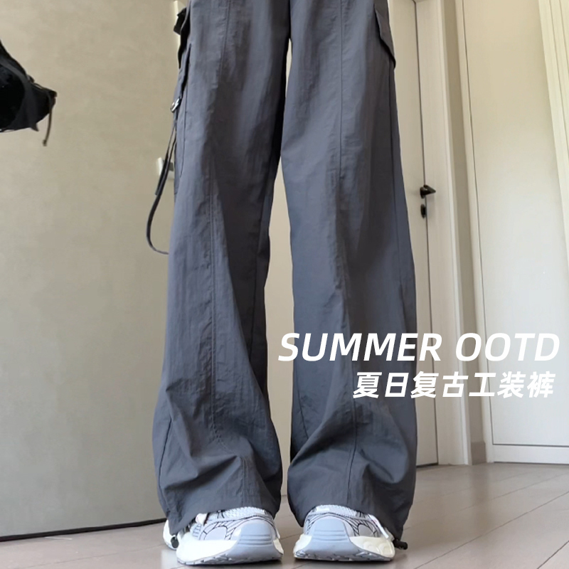 Gray Retro Cargo Pants for Women 2026 Summer New Quick-Drying American Style Two-Way Wear Sports Pants Straight Loose Casual Pants