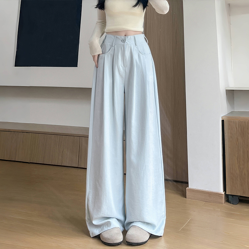 ヘイズブルーミルクスーツパンツレディース夏2025新作ハイウエストスリムカジュアルルーズアイスシルクドレープワイドレッグパンツ