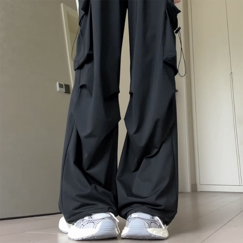 Black Parachute Cargo Pants for Women, Summer Thin 2026 New High-Waisted Casual Wide-Leg Pants, Quick-Drying American-Style Sports Pants