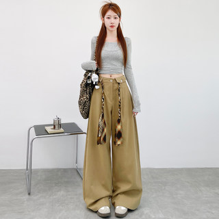 Khaki American Retro Suit Pants for Women, Autumn 2025 New High-Waisted Lace-Up Floral Drawstring Lazy Scimitar Wide-Leg Pants
