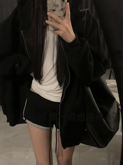 黑色连帽卫衣外套女秋冬2025新款慵懒风帽衫宽松拉链开衫长袖上衣