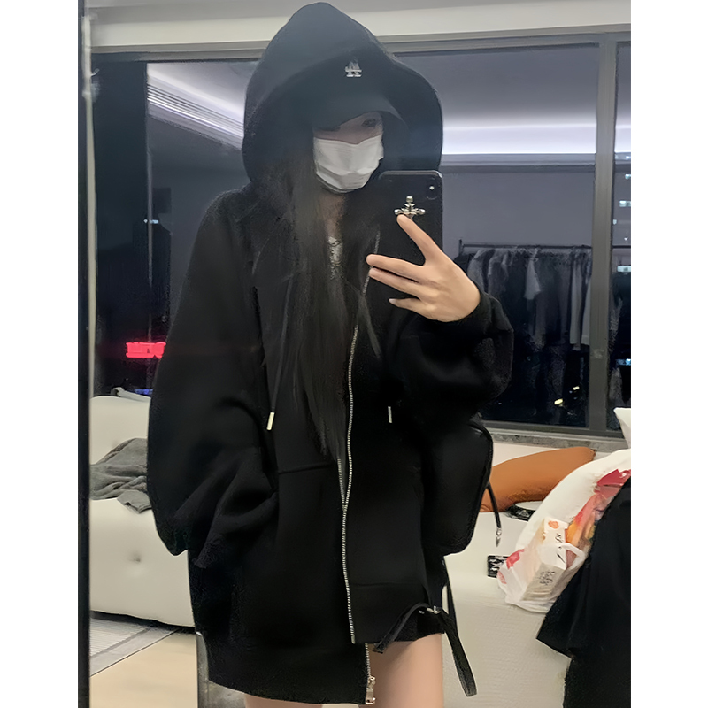 Black Hooded Sweatshirt Jacket for Women, Autumn and Winter 2026 New Style, Lazy Style Hoodie, Loose Zipper Cardigan, Long-Sleeved Top