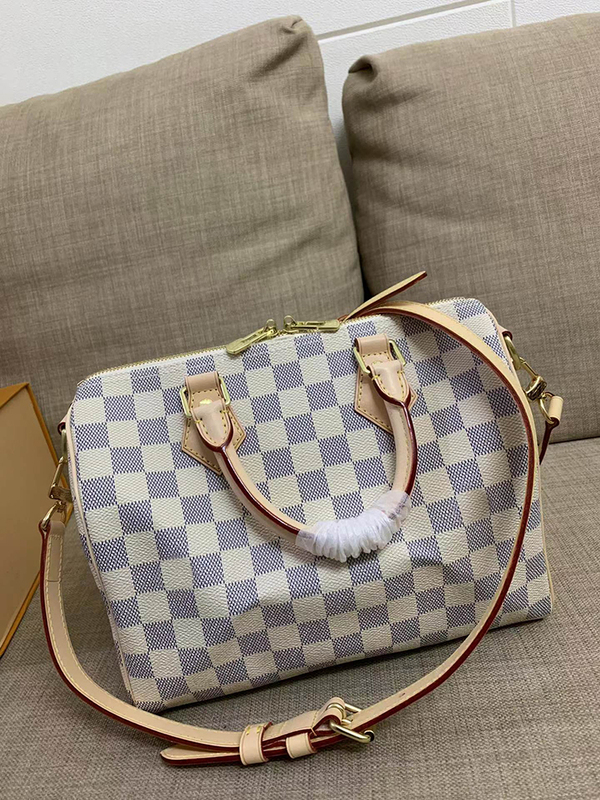 Speedy25 Checkerboard White Grid Coffee Color Pillow Bag with Three-Section Adjustable Shoulder Strap and All-Steel Hardware Speedy25 Checkerboard White Grid Coffee Color Pillow Bag with Three-Section Adjustable Shoulder Strap and All-Steel Hardware
