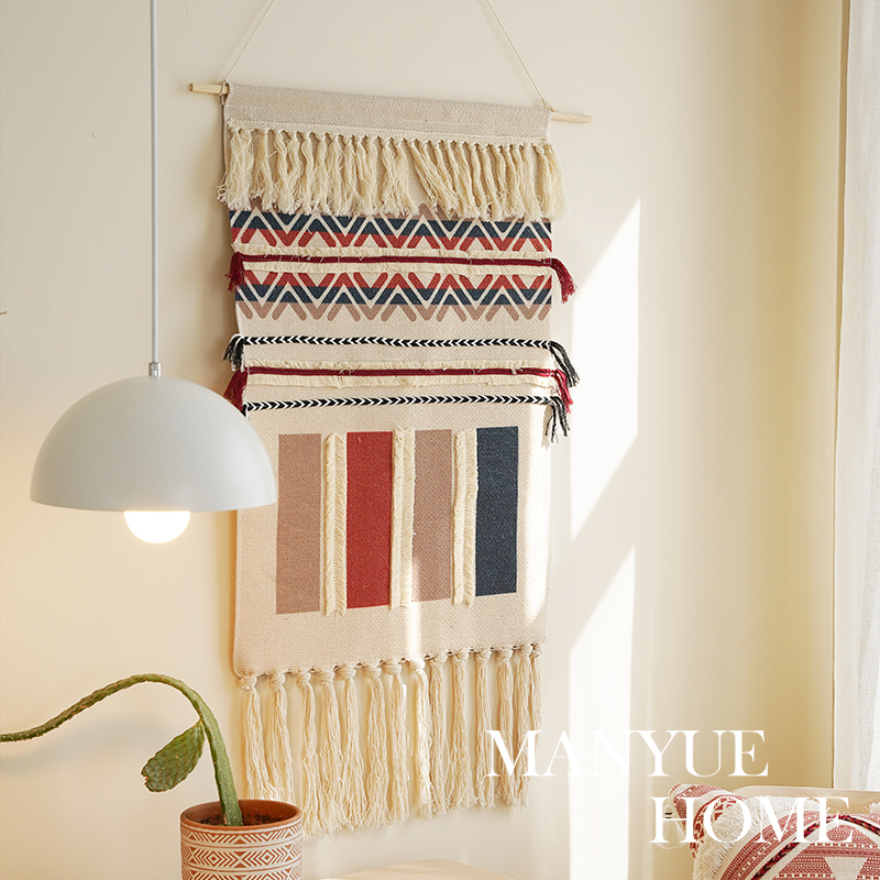 Manyuejia Nordic Ethnic Style Cotton and Linen Hand-Woven Tassel Tapestry Decorative Hanging Painting Fabric Art Bedroom Hanging Cloth